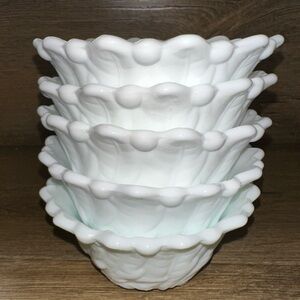 Lot of 5 Vintage Indiana Glass Wild Rose Fruit Cocktail Bowls Milk Glass Leaves